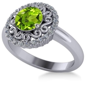 Peridot and Diamond Swirl Halo Engagement Ring 14k White Gold 1.24ct - All
