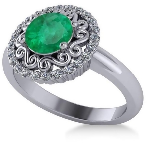 Emerald and Diamond Swirl Halo Engagement Ring 14k White Gold 1.24ct - All