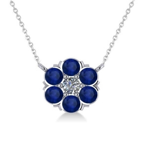 Blue Sapphire and Diamond Cluster Pendant Necklace 14k White Gold 1.06ct - All