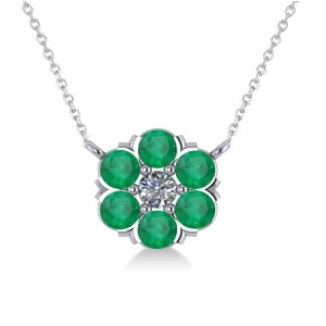 Emerald and Diamond Cluster Pendant Necklace 14k White Gold 1.06ct - All