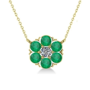 Emerald and Diamond Cluster Pendant Necklace 14k Yellow Gold 1.06ct - All