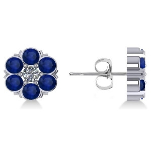 Blue Sapphire and Diamond Cluster Stud Earrings 14k White Gold 2.10ct - All