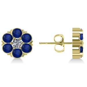 Blue Sapphire and Diamond Cluster Stud Earrings 14k Yellow Gold 2.10ct - All