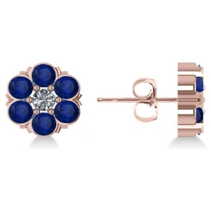 Blue Sapphire and Diamond Cluster Stud Earrings 14k Rose Gold 2.10ct - All