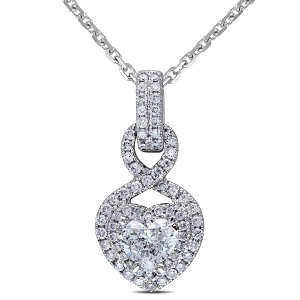 Diamond Heart and Round Twisted Pendant Necklace 14k White Gold 0.63ct - All