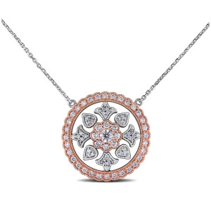Diamond Circular Floral Pendant Necklace 14k Two Tone Gold 0.44ct - All