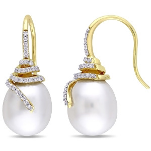 Diamond and White South Sea Pearl Earrings 14k Yellow Gold 12-13mm - All