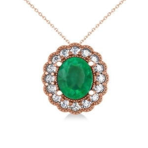 Emerald and Diamond Floral Oval Pendant Necklace 14k Rose Gold 2.98ct - All
