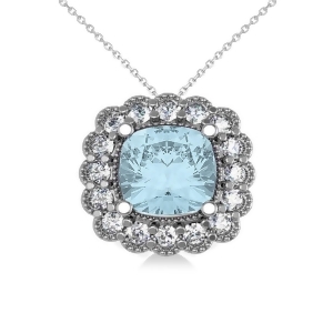 Aquamarine and Diamond Floral Cushion Pendant Necklace 14k White Gold 2.41ct - All