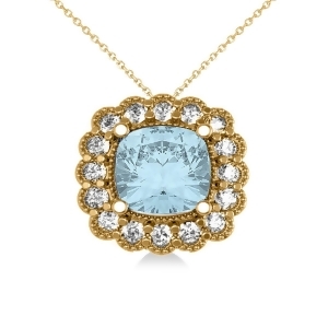 Aquamarine and Diamond Floral Cushion Pendant Necklace 14k Yellow Gold 2.41ct - All
