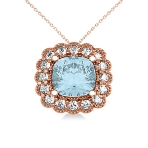 Aquamarine and Diamond Floral Cushion Pendant Necklace 14k Rose Gold 2.41ct - All