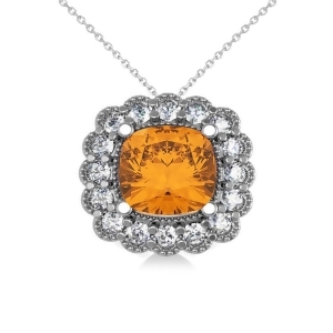 Citrine and Diamond Floral Cushion Pendant Necklace 14k White Gold 2.43ct - All