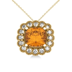 Citrine and Diamond Floral Cushion Pendant Necklace 14k Yellow Gold 2.43ct - All