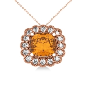 Citrine and Diamond Floral Cushion Pendant Necklace 14k Rose Gold 2.43ct - All