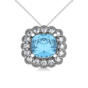 Blue Topaz and Diamond Floral Cushion Pendant Necklace 14k White Gold 3.28ct - All