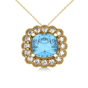 Blue Topaz and Diamond Floral Cushion Pendant Necklace 14k Yellow Gold 3.28ct - All