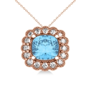 Blue Topaz and Diamond Floral Cushion Pendant Necklace 14k Rose Gold 3.28ct - All