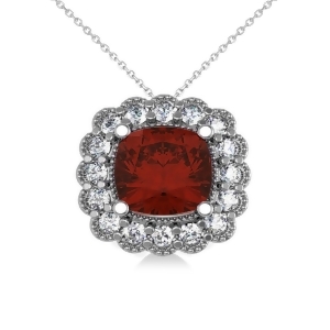 Garnet and Diamond Floral Cushion Pendant Necklace 14k White Gold 3.23ct - All