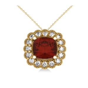 Garnet and Diamond Floral Cushion Pendant Necklace 14k Yellow Gold 3.23ct - All