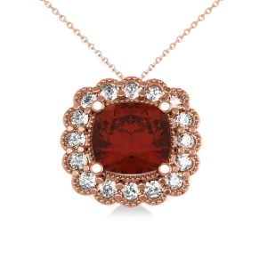 Garnet and Diamond Floral Cushion Pendant Necklace 14k Rose Gold 3.23ct - All