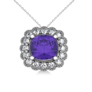 Tanzanite and Diamond Floral Cushion Pendant Necklace 14k White Gold 2.91ct - All