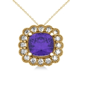Tanzanite and Diamond Floral Cushion Pendant Necklace 14k Yellow Gold 2.91ct - All