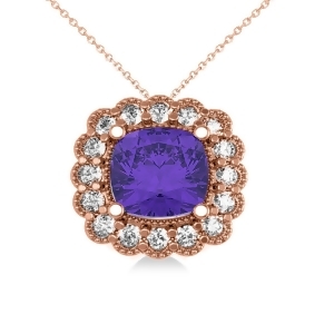 Tanzanite and Diamond Floral Cushion Pendant Necklace 14k Rose Gold 2.91ct - All