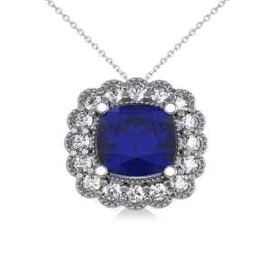 Blue Sapphire and Diamond Floral Cushion Pendant Necklace 14k White Gold 3.16ct - All