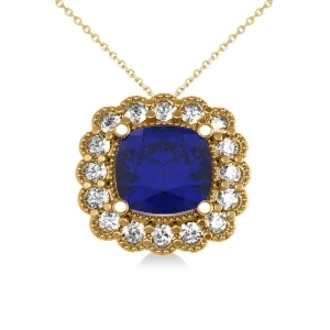 Blue Sapphire and Diamond Floral Cushion Pendant Necklace 14k Yellow Gold 3.16ct - All
