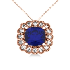 Blue Sapphire and Diamond Floral Cushion Pendant Necklace 14k Rose Gold 3.16ct - All