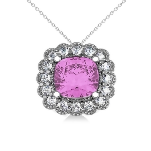 Pink Sapphire and Diamond Floral Cushion Pendant Necklace 14k White Gold 3.16ct - All