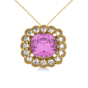 Pink Sapphire and Diamond Floral Cushion Pendant Necklace 14k Yellow Gold 3.16ct - All