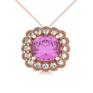 Pink Sapphire and Diamond Floral Cushion Pendant Necklace 14k Rose Gold 3.16ct - All