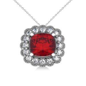 Ruby and Diamond Floral Cushion Pendant Necklace 14k White Gold 3.16ct - All
