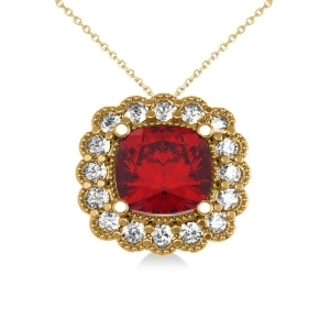 Ruby and Diamond Floral Cushion Pendant Necklace 14k Yellow Gold 3.16ct - All