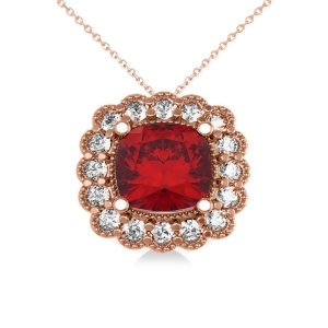 Ruby and Diamond Floral Cushion Pendant Necklace 14k Rose Gold 3.16ct - All