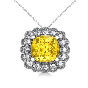 Yellow Sapphire and Diamond Floral Cushion Pendant Necklace 14k White Gold 3.16ct - All
