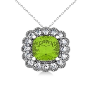 Peridot and Diamond Floral Cushion Pendant Necklace 14k White Gold 2.88ct - All