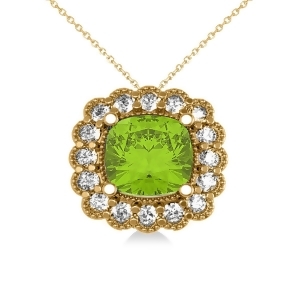 Peridot and Diamond Floral Cushion Pendant Necklace 14k Yellow Gold 2.88ct - All