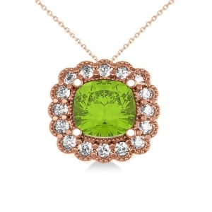 Peridot and Diamond Floral Cushion Pendant Necklace 14k Rose Gold 2.88ct - All