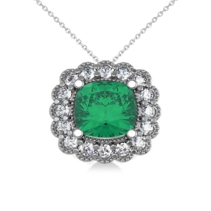 Emerald and Diamond Floral Cushion Pendant Necklace 14k White Gold 2.30ct - All