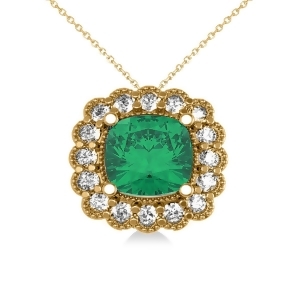 Emerald and Diamond Floral Cushion Pendant Necklace 14k Yellow Gold 2.30ct - All
