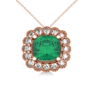 Emerald and Diamond Floral Cushion Pendant Necklace 14k Rose Gold 2.30ct - All