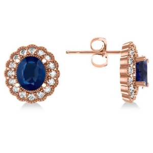 Blue Sapphire and Diamond Floral Oval Earrings 14k Rose Gold 5.96ct - All