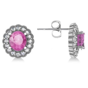 Pink Sapphire and Diamond Floral Oval Earrings 14k White Gold 5.96ct - All