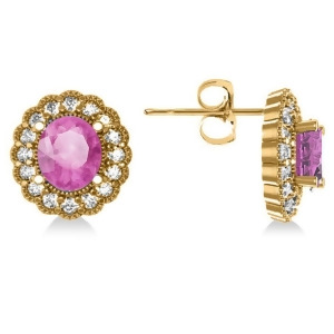Pink Sapphire and Diamond Floral Oval Earrings 14k Yellow Gold 5.96ct - All