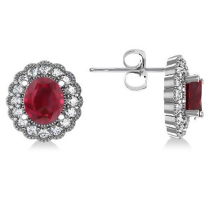 Ruby and Diamond Floral Oval Earrings 14k White Gold 5.96ct - All