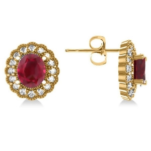 Ruby and Diamond Floral Oval Earrings 14k Yellow Gold 5.96ct - All