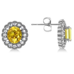 Yellow Sapphire and Diamond Floral Oval Earrings 14k White Gold 5.96ct - All