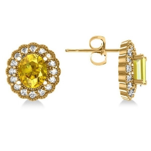Yellow Sapphire and Diamond Floral Oval Earrings 14k Yellow Gold 5.96ct - All